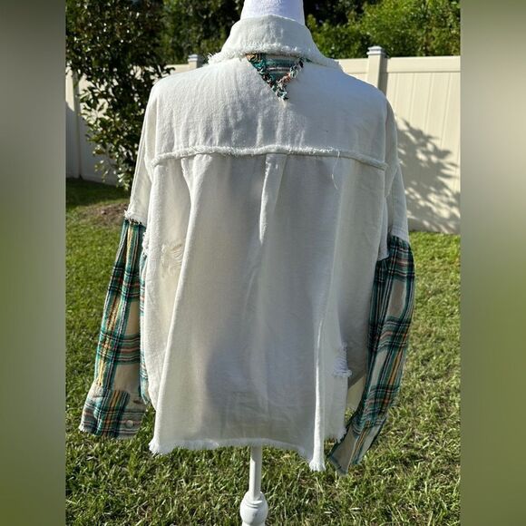 NWOT POL plaid stitched pocket ivory loose denim fall Shacket Sz L - Picture 6 of 6